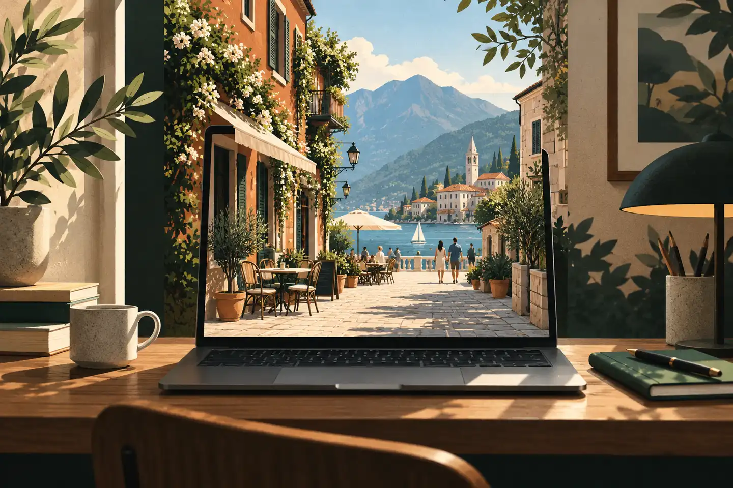 Laptop displaying a city street scene beside a coffee cup and travel notebook