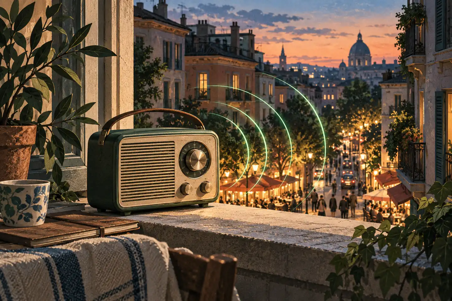Vintage radio on a balcony overlooking a city at dusk with glowing sound waves