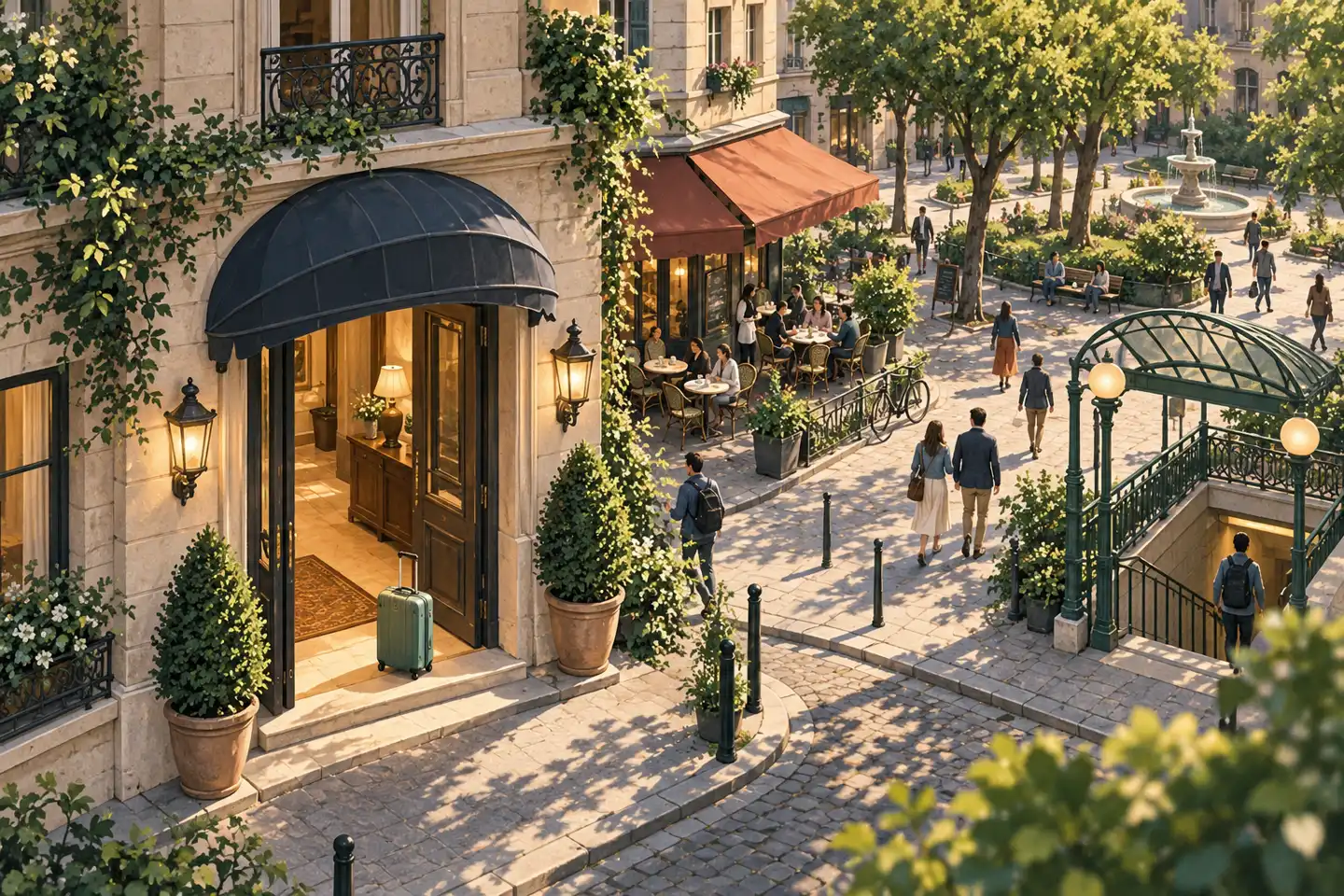 Hotel entrance and pedestrian square with cafés in an urban neighbourhood