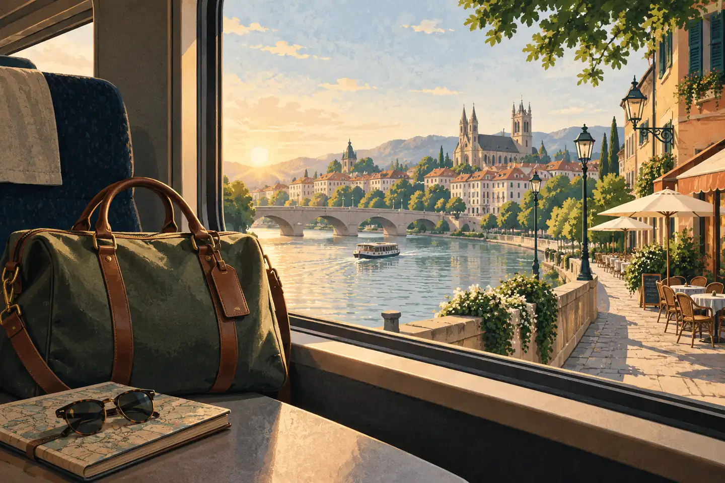 Travel bag and map on a table overlooking a riverside city at sunset